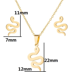 Golden stainless steel S-shaped snake necklace and earrings set with size measurements