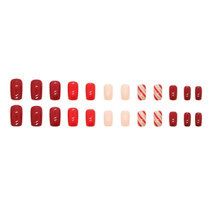 Glossy red and white striped square press-on nails set with festive glitter accents