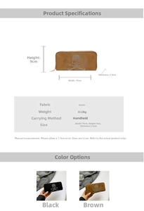 Detailed size specifications for a punk skull rhinestone studded clutch wallet