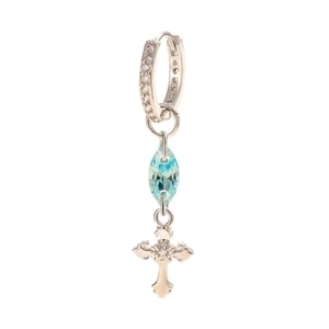 Silver hoop earring featuring sparkling stones, blue marquise gem and a cross pendant