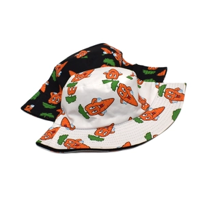 Black and white bucket hats featuring creative cartoon carrot prints for outdoor sun protection