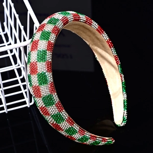 Detail of red and green checkerboard rhinestone headband on wide fabric base