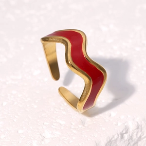 French vintage 18k gold plated stainless steel wave ring with red enamel finish