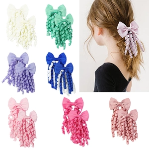 Kids Hair Ties Cute Grosgrain Ribbon Bowknot With Corkscrew Curly Tassels Ponytail Holders For Toddler Girls