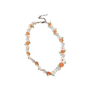 Colorful floral seed bead necklace with orange and green patterns for women
