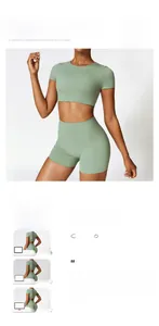 Detailansicht des salbeigrünen Yoga-Crop-Tops am Modell mit Produktabmessungen