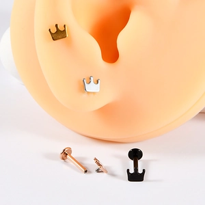Detail of crown piercing studs in gold, silver, rose gold and black on ear model