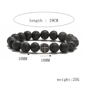 Detailed view of 10mm lava stone beads and stainless steel cross charm with specs