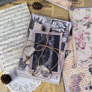 Vintage 30pcs scrapbook paper pack with retro newspaper and botanical music sheet designs