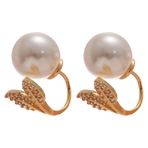 Elegant gold fishtail leaf earrings with zircon pavé and large round white pearls
