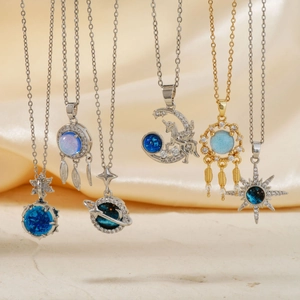 Pendant Necklace Stainless Steel Cubic Zirconia Starry Sky Planet Moon Dreamcatcher Unicorn Star Fashion Jewelry For Women Men
