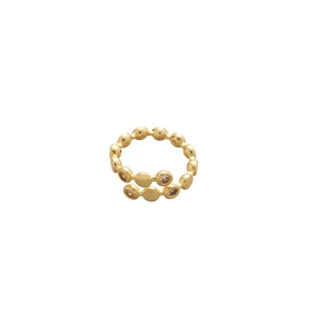 Gold spiral triple layer ring with zircon accents and polished pearl-like metal beads
