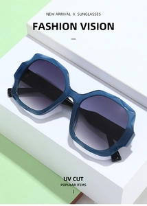 Close-up of geometric blue sunglasses with gradient lenses and UV protection feature