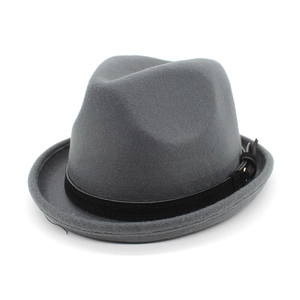 Dark grey wool fedora hat for men and women with short brim and leather band detail