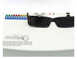 Detail view of rectangular sunglasses showing UV400 protection test on a meter