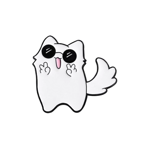 Cute cartoon white cat enamel pin wearing sunglasses with peace sign gesture decoration