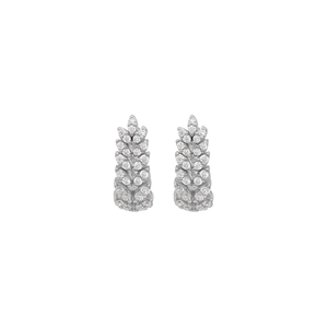 Close-up of silver-tone ear cuffs featuring wheat ear design with shimmering pavé zircon stones
