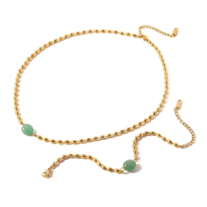 French vintage style gold beaded necklace with green oval stones and lobster clasp