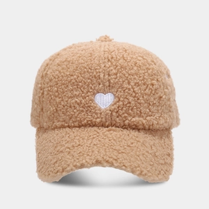 Brown fleece baseball cap with white heart embroidery and cozy teddy fur texture