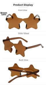 Three-way view of star-shaped rimless sunglasses in brown tint showing front and side details