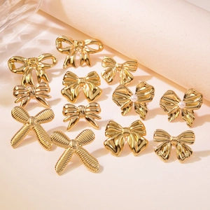 Gold Plated Bow Stud Earrings Stainless Steel Textured Hollow Bowknot Fashion Jewelry For Women