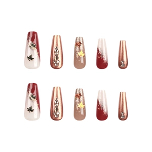 Sparkling maple leaf press-on nails with wine red gradient and rhinestones in coffin shape