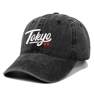 Vintage charcoal grey washed cotton baseball cap with embroidered Tokyo lettering design