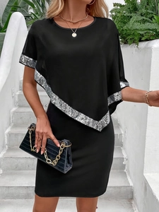 Women Elegant Black Slim Fit Midi Dress With Silver Sequin Edged Chiffon Cape Asymmetric Overlay Party Wear