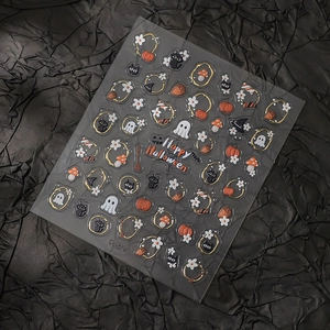 Halloween nail stickers with black cat, ghost, and pumpkin gold stamping patterns