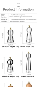 Size chart showing manual pepper grinder dimensions in small, medium, and large models