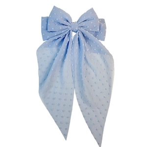 Oversized blue chiffon hair bow with white polka dots and elegant long streamers for women
