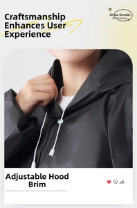 Detail of adjustable drawstring hood on a black waterproof EVA reusable raincoat