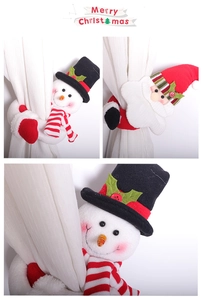 Close-up of Santa and Snowman holiday curtain buckles with hook and loop fasteners