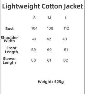 Detailed size chart for lightweight quilted jacket showing S, M, and L measurements