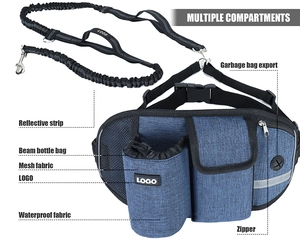 Detail view of the blue waterproof pet waist bag featuring reflective strips and pockets