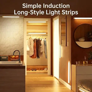 Slim white magnetic LED motion sensor light strip with warm yellow glow for closets