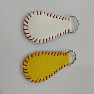Braided leather baseball and softball keychains in white and yellow with red stitching