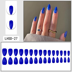 30pcs Royal Blue almond shape glossy press-on nails set with 3-panel display and model view