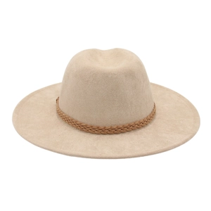Detail of beige fedora hat featuring a woven brown leather band and wide brim design