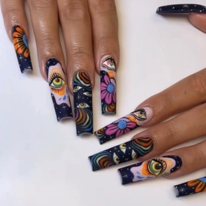 Black Long Square Press On Nails Colorful Eyes Flower Patterns Abstract Lines False Nails