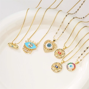 Selection of evil eye pendant necklaces with colorful zircons and 18K gold plating