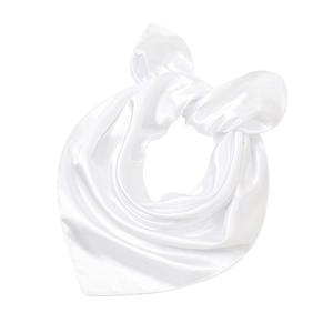 Close-up of knotted white silk-satin square scarf showing smooth texture and soft drape