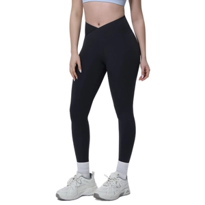 Damen schwarze Yoga-Leggings mit hoher Taille und V-förmigem Cross-Over-Bund-Design