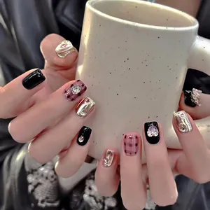 Handmade Press On Nails Black Pink Plaid With Butterfly Heart Charm 3D Rhinestones Sweet Cool Style False Nails Women