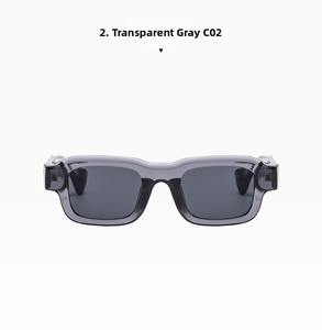 Detail of transparent grey rectangular sunglasses with thick frames and dark lenses