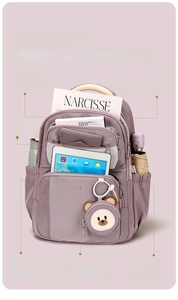 Detail view of large purple backpack holding a 15.6-inch laptop and A4 magazines
