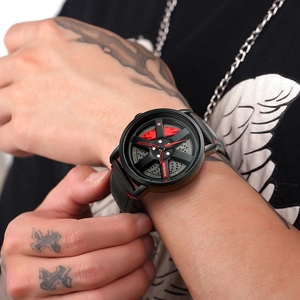 Men's sports watch featuring a black car wheel rim dial design and leather strap