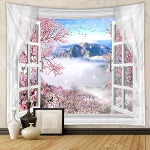 Detailed 3D printed tapestry featuring pink cherry blossoms and mountain view from a window