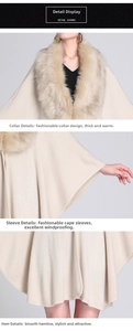 Detail view of faux fox fur collar and knitted texture on beige cape cardigan
