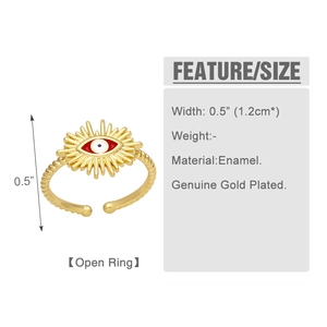 Detailed view of evil eye open ring showing 0.5 inch width and enamel gold plating